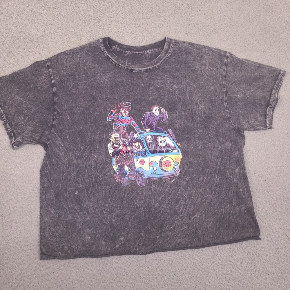 Horror‎ Slasher Scooby Van Graphic T-Shirt Womens Medium Gray Cropped Acid Wash